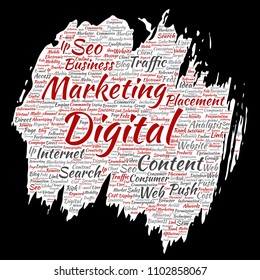 Vector concept or conceptual digital marketing seo traffic paint brush paper word cloud isolated background. Collage of business, market content, search, web push placement or communication technology