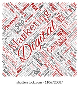 Vector concept or conceptual digital marketing seo traffic square red word cloud isolated background. Collage of business, market content, search, web push placement or communication technology