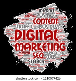 Vector concept or conceptual digital marketing seo traffic paint brush paper word cloud isolated background. Collage of business, market content, search, web push placement or communication technology