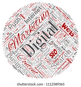 Vector concept or conceptual digital marketing seo traffic round circle red word cloud isolated background. Collage of business, market content, search, web push placement or communication technology