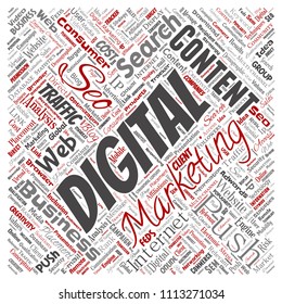 Vector concept or conceptual digital marketing seo traffic square red word cloud isolated background. Collage of business, market content, search, web push placement or communication technology