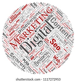 Vector concept or conceptual digital marketing seo traffic round circle red word cloud isolated background. Collage of business, market content, search, web push placement or communication technology