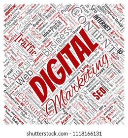 Vector concept or conceptual digital marketing seo traffic square red word cloud isolated background. Collage of business, market content, search, web push placement or communication technology