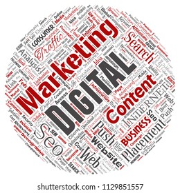 Vector concept or conceptual digital marketing seo traffic round circle red word cloud isolated background. Collage of business, market content, search, web push placement or communication technology