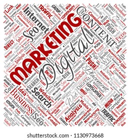 Vector concept or conceptual digital marketing seo traffic square red word cloud isolated background. Collage of business, market content, search, web push placement or communication technology