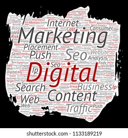 Vector concept or conceptual digital marketing seo traffic paint brush paper word cloud isolated background. Collage of business, market content, search, web push placement or communication technology
