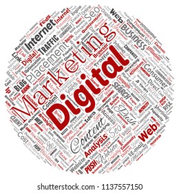 Vector concept or conceptual digital marketing seo traffic round circle red word cloud isolated background. Collage of business, market content, search, web push placement or communication technology