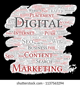 Vector concept or conceptual digital marketing seo traffic paint brush paper word cloud isolated background. Collage of business, market content, search, web push placement or communication technology