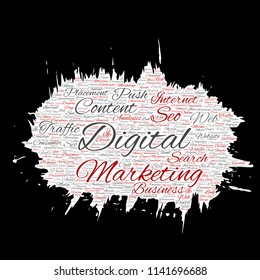 Vector concept or conceptual digital marketing seo traffic paint brush paper word cloud isolated background. Collage of business, market content, search, web push placement or communication technology