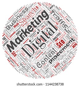 Vector concept or conceptual digital marketing seo traffic round circle red word cloud isolated background. Collage of business, market content, search, web push placement or communication technology