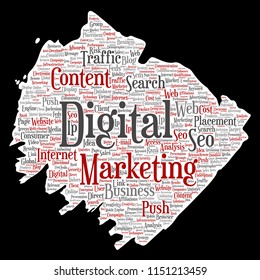 Vector concept or conceptual digital marketing seo traffic paint brush paper word cloud isolated background. Collage of business, market content, search, web push placement or communication technology
