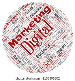 Vector concept or conceptual digital marketing seo traffic round circle red word cloud isolated background. Collage of business, market content, search, web push placement or communication technology
