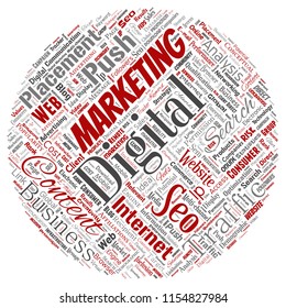 Vector concept or conceptual digital marketing seo traffic round circle red word cloud isolated background. Collage of business, market content, search, web push placement or communication technology