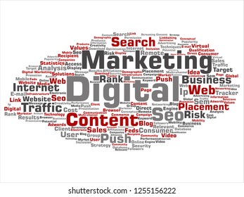 Vector concept or conceptual digital marketing seo traffic abstract word cloud isolated on background. Collage of business, market, content, search, web push, placement, communication technology text