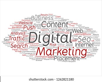 Vector concept or conceptual digital marketing seo traffic abstract word cloud isolated on background. Collage of business, market, content, search, web push, placement, communication technology text