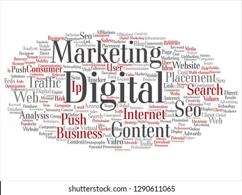 Vector concept or conceptual digital marketing seo traffic abstract word cloud isolated on background. Collage of business, market, content, search, web push, placement, communication technology text