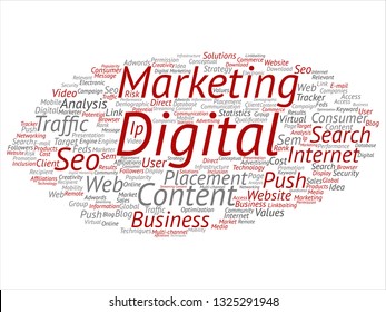 Vector concept or conceptual digital marketing seo traffic abstract word cloud isolated on background. Collage of business, market, content, search, web push, placement, communication technology text