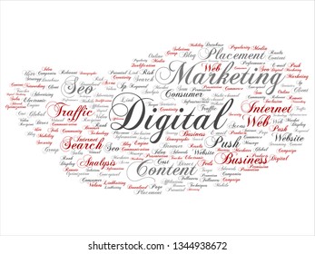 Vector concept or conceptual digital marketing seo traffic abstract word cloud isolated on background. Collage of business, market, content, search, web push, placement, communication technology text