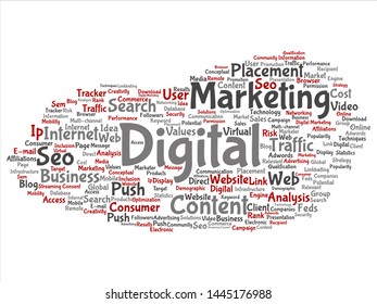 Vector concept or conceptual digital marketing seo traffic abstract word cloud isolated on background. Collage of business, market, content, search, web push, placement, communication technology text