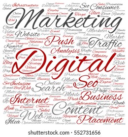 Vector concept or conceptual digital marketing seo or traffic square word cloud isolated on background metaphor to business, market, content, search, web, push, placement, communication or technology