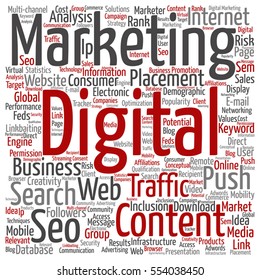Vector concept or conceptual digital marketing seo or traffic square word cloud isolated on background metaphor to business, market, content, search, web, push, placement, communication technology