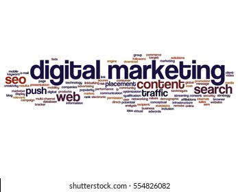Vector concept conceptual digital marketing seo or traffic abstract word cloud isolated on background metaphor to business, market, content, search, web, push, placement, communication or technology