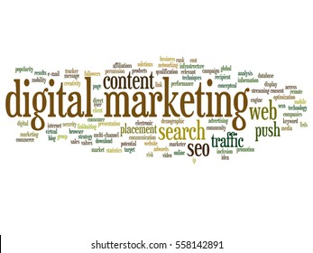 Vector concept conceptual digital marketing seo or traffic abstract word cloud isolated on background  metaphor to business, market, content, search, web, push, placement, communication or technology
