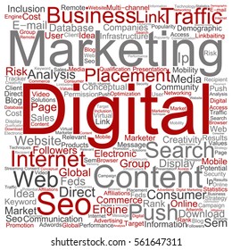 Vector concept or conceptual digital marketing seo or traffic square word cloud isolated on background  metaphor to business, market, content, search, web, push, placement, communication or technology