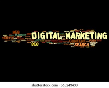 Vektor-Konzept oder konzeptionelle digitale Marketing-Seo oder Verkehrsabstrakte Wort-Cloud einzeln auf Hintergrundmetapher für Unternehmen, Markt, Inhalte, Suche, Web, Push, Platzierung, Kommunikationstechnologie