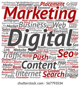 Vector concept or conceptual digital marketing seo or traffic square word cloud isolated on background metaphor to business, market, content, search, web, push, placement, communication or technology