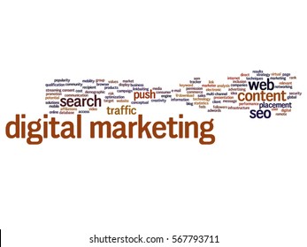 Vector concept conceptual digital marketing seo or traffic abstract word cloud isolated on background metaphor to business, market, content, search, web, push, placement, communication or technology