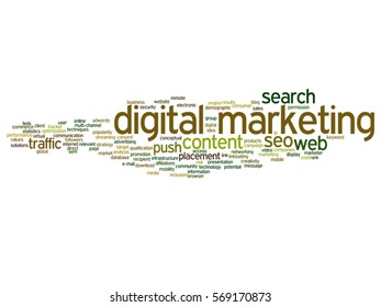 Vektor-Konzept oder konzeptionelle digitale Marketing-Seo oder Verkehrsabstrakte Wort-Cloud einzeln auf Hintergrundmetapher für Unternehmen, Markt, Inhalte, Suche, Web, Push, Platzierung, Kommunikationstechnologie