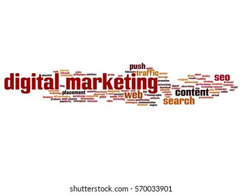 Vector concept or conceptual digital marketing seo or traffic abstract word cloud isolated on background metaphor to business, market, content, search, web, push, placement, communication technology