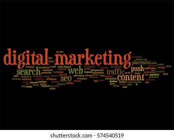 Vector concept or conceptual digital marketing seo or traffic abstract word cloud isolated on background metaphor to business, market, content, search, web, push, placement, communication technology