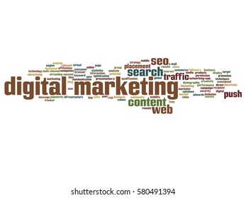 Vector concept or conceptual digital marketing seo or traffic abstract word cloud isolated on background metaphor to business, market, content, search, web, push, placement, communication technology