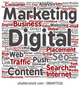 Vector concept or conceptual digital marketing seo or traffic square word cloud isolated on background metaphor to business, market, content, search, web, push, placement, communication or technology