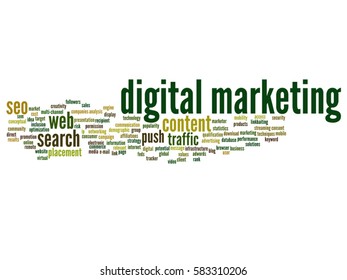 Vector concept or conceptual digital marketing seo or traffic abstract word cloud isolated on background metaphor to business, market, content, search, web, push, placement, communication technology