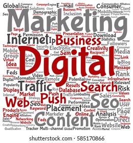 Vector concept or conceptual digital marketing seo or traffic square word cloud isolated on background metaphor to business, market, content, search, web, push, placement, communication or technology