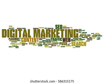 Vector concept or conceptual digital marketing seo or traffic abstract word cloud isolated on backgroundmetaphor to business, market, content, search, web, push, placement, communication or technology