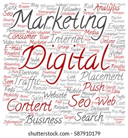 Vector concept or conceptual digital marketing seo or traffic square word cloud isolated on background metaphor to business, market, content, search, web, push, placement, communication or technology