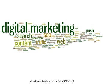 Vector concept conceptual digital marketing seo or traffic abstract word cloud isolated on background metaphor to business, market, content, search, web, push, placement, communication or technology