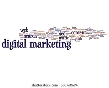 Vector concept conceptual digital marketing seo or traffic abstract word cloud isolated on background metaphor to business, market, content, search, web, push, placement, communication or technology