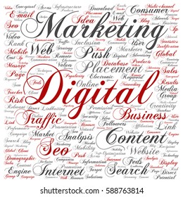 Vector concept or conceptual digital marketing seo or traffic square word cloud isolated on background metaphor to business, market, content, search, web, push, placement, communication or technology