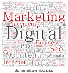 Vector concept or conceptual digital marketing seo or traffic square word cloud isolated on background metaphor to business, market, content, search, web, push, placement, communication or technology