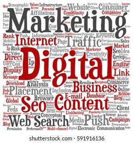 Vector concept or conceptual digital marketing seo or traffic square word cloud isolated on background metaphor to business, market, content, search, web, push, placement, communication or technology