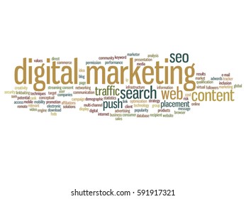 Vector concept conceptual digital marketing seo or traffic abstract word cloud isolated on background metaphor to business, market, content, search, web, push, placement, communication or technology