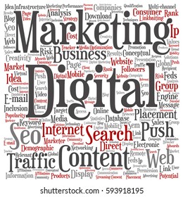 Vector concept or conceptual digital marketing seo or traffic square word cloud isolated on background metaphor to business, market, content, search, web, push, placement, communication or technology