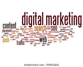 Vector concept or conceptual digital marketing seo or traffic abstract word cloud isolated on background metaphor to business, market, content, search, web, push, placement, communication technology