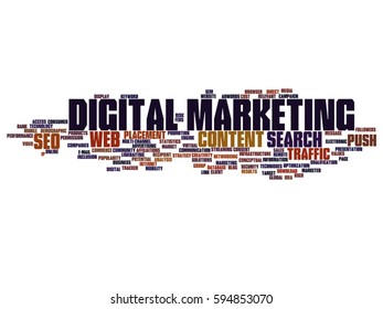 Vector concept or conceptual digital marketing seo or traffic abstract word cloud isolated on background metaphor to business, market, content, search, web, push, placement, communication technology