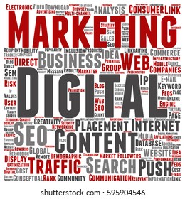 Vector concept or conceptual digital marketing seo or traffic square word cloud isolated on background metaphor to business, market, content, search, web, push, placement, communication or technology